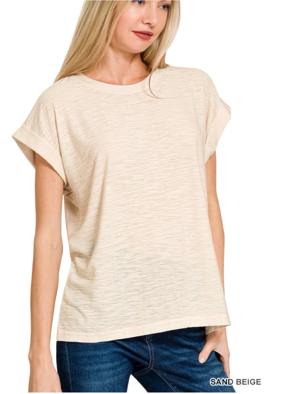 Sand Beige Women's Short Sleeve Crewneck Top SLUB CUFFED SLEEVE TEE